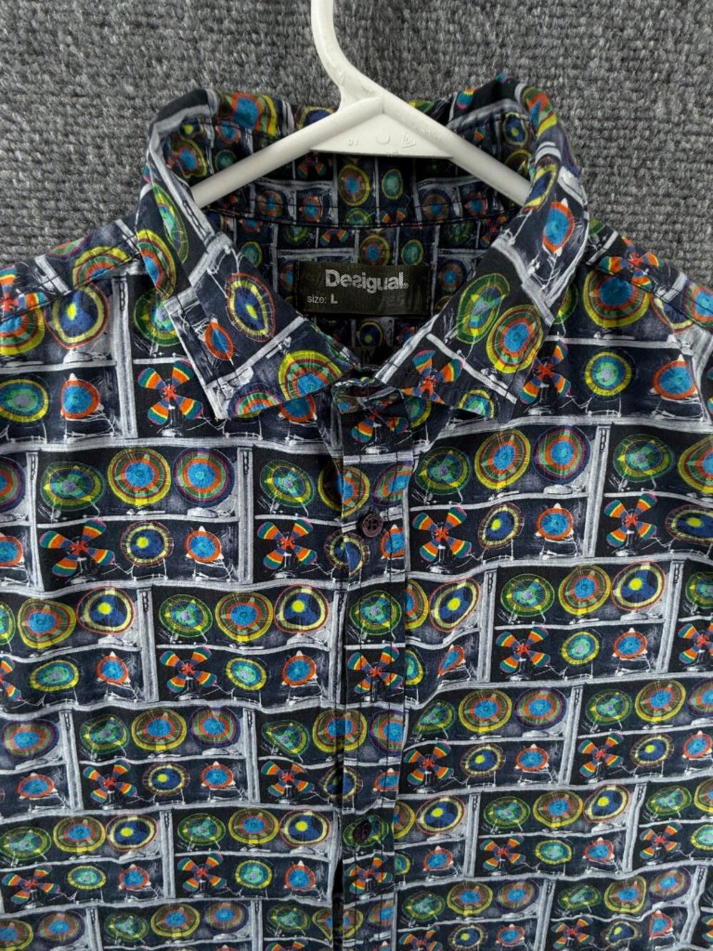 Desigual Blue Green Large Graphic Print Slim Men Button Up Long Sleeve Shirt